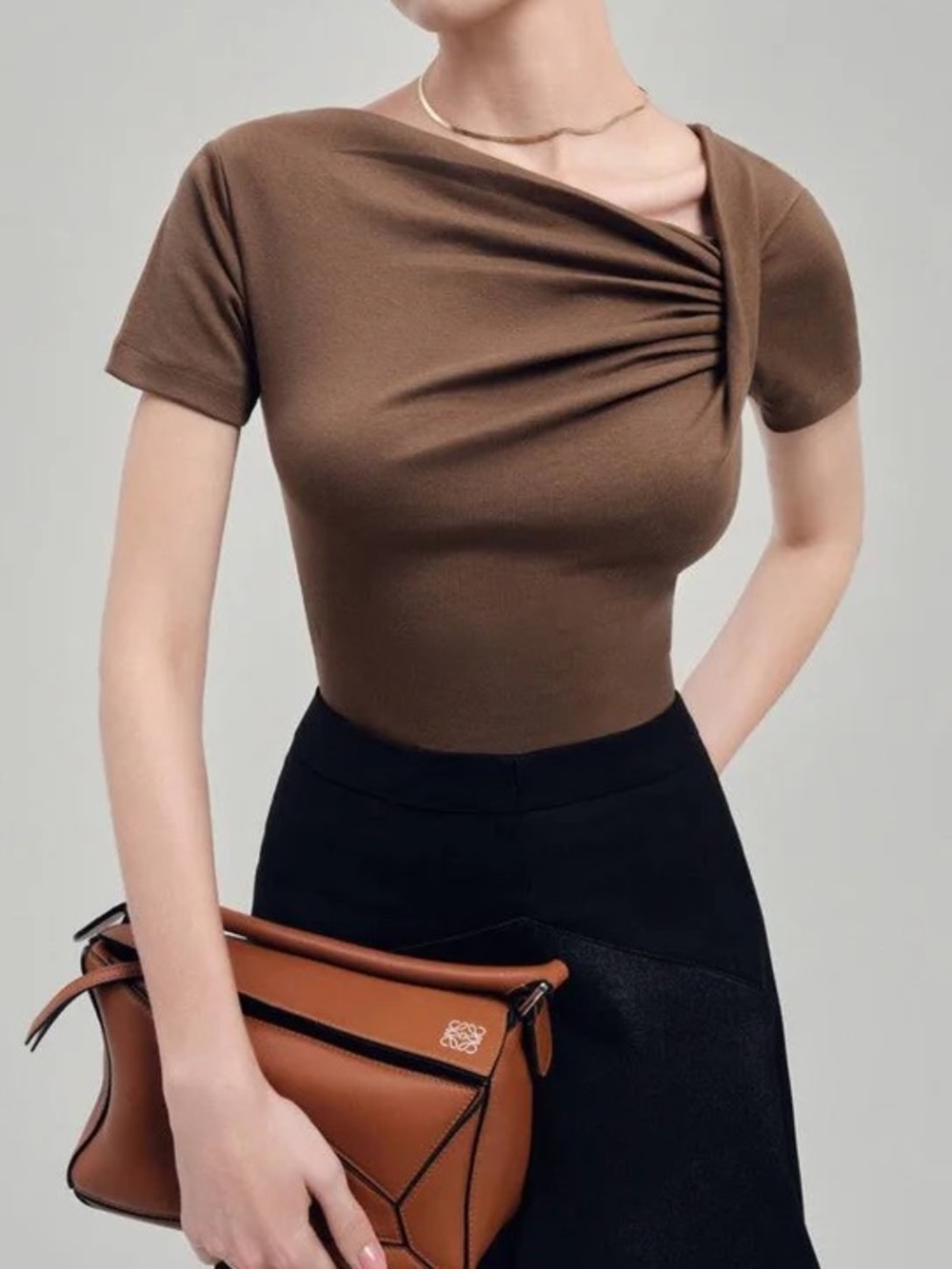 Asymmetrical Ruched Brown Short-Sleeve Women's Top